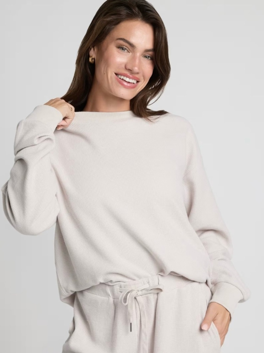 Comfrt Waffle Long Sleeve Crew Neck In White Dove, Lounge, Relaxed, Size Small